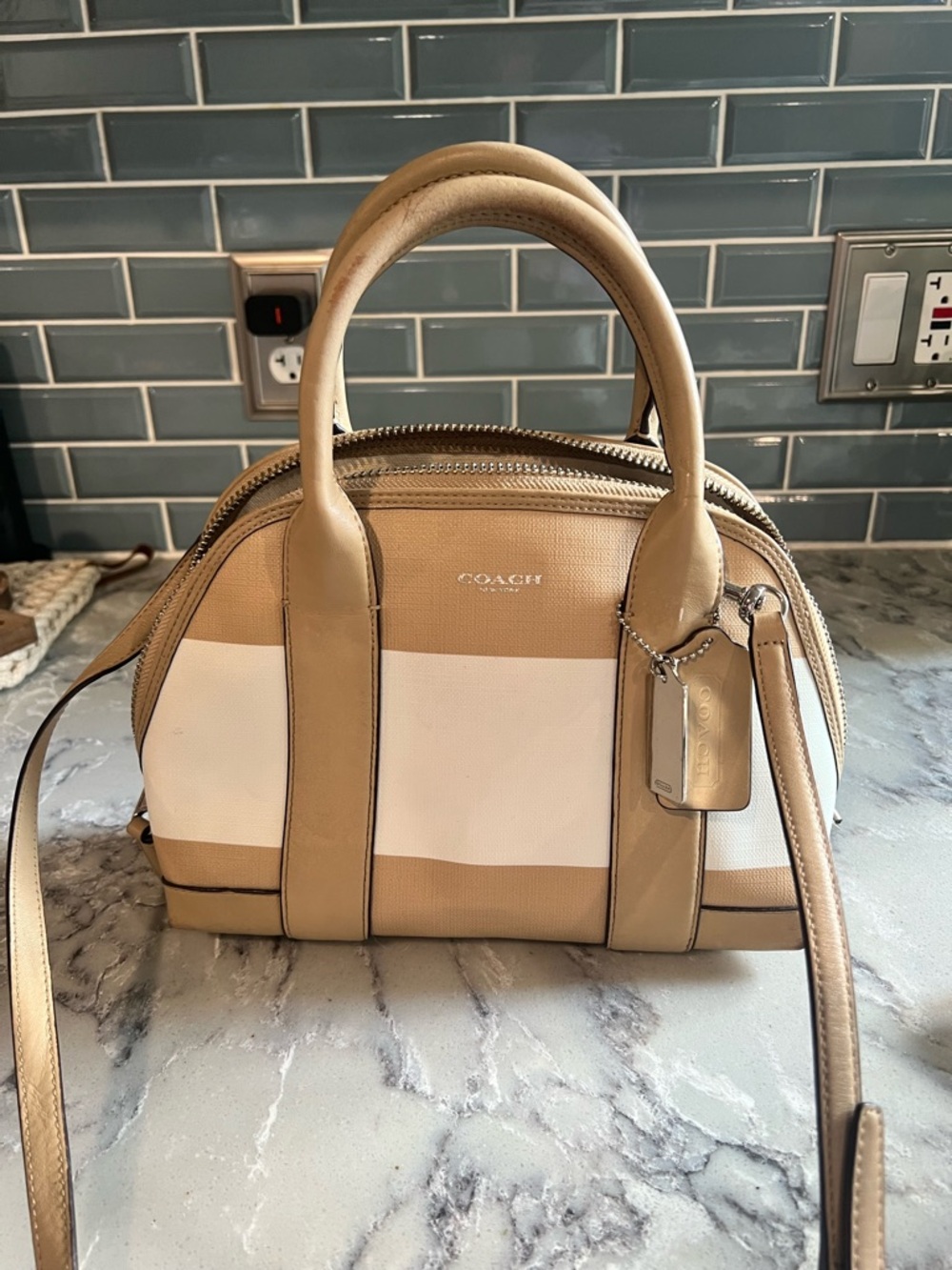 COACH Tan and White Striped Canvas Satchel